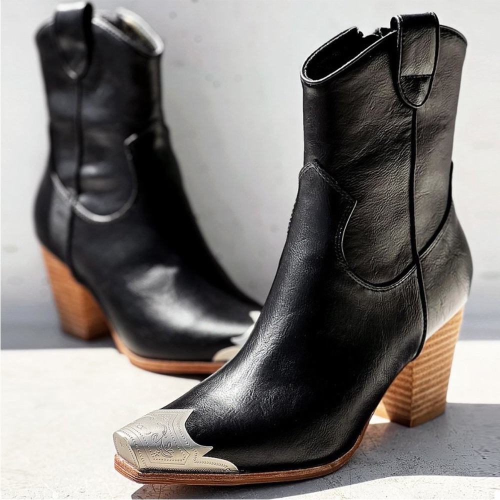 Black Faux Leather Bootie Metal Toe Block Heel Cowgirl Western Ankle Boot